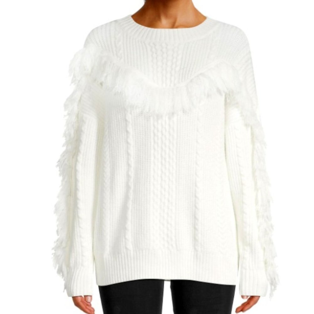 Tassel front crew neck sweater white M NWT